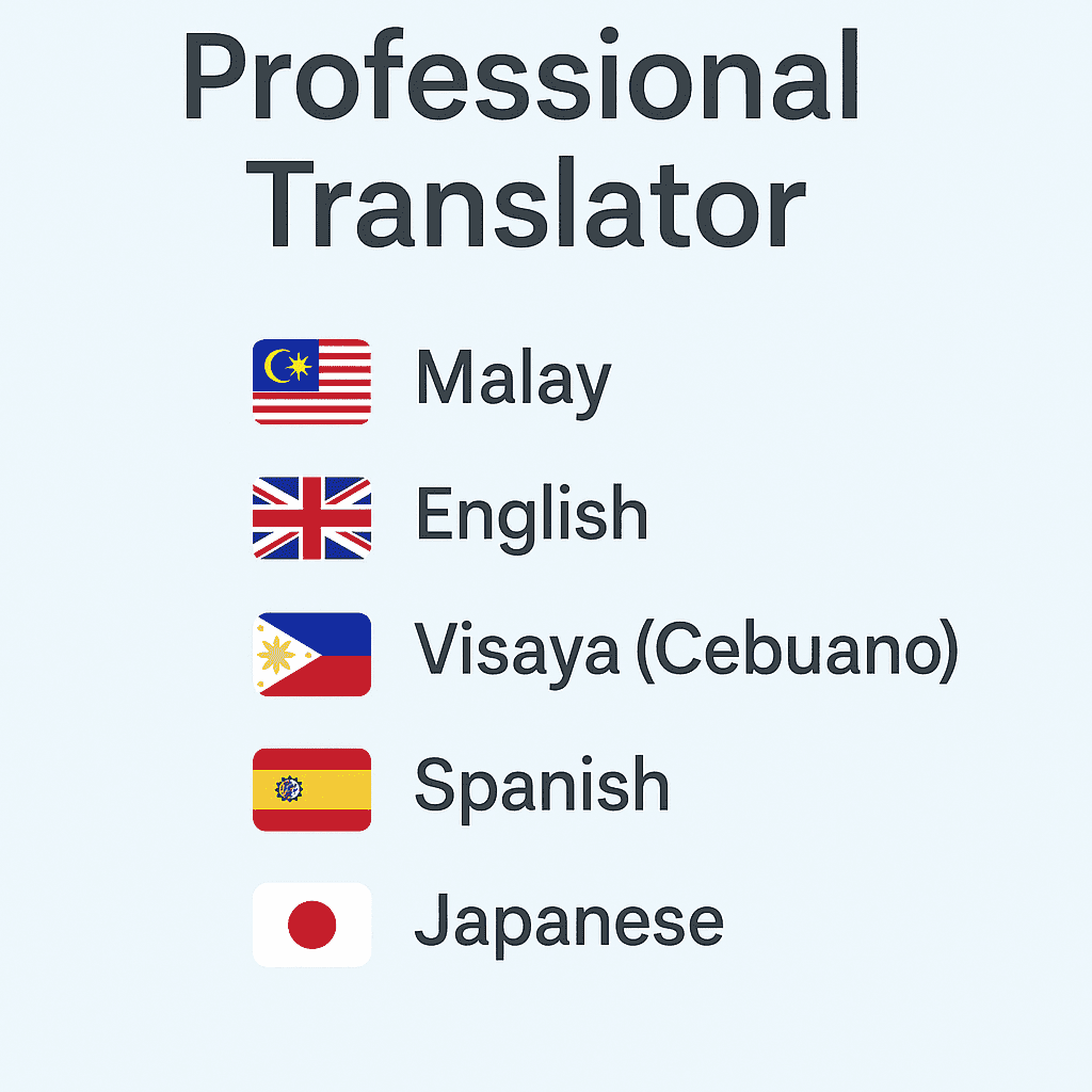 I will translate Malay, English, Visaya, Spanish, and Japanese accurately