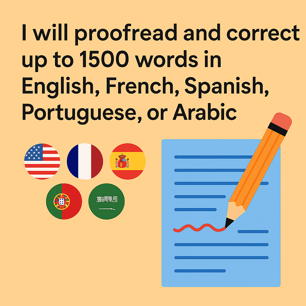 I will proofread and correct up to 1500 words in English, French, Spanish, Portuguese, or Arabic