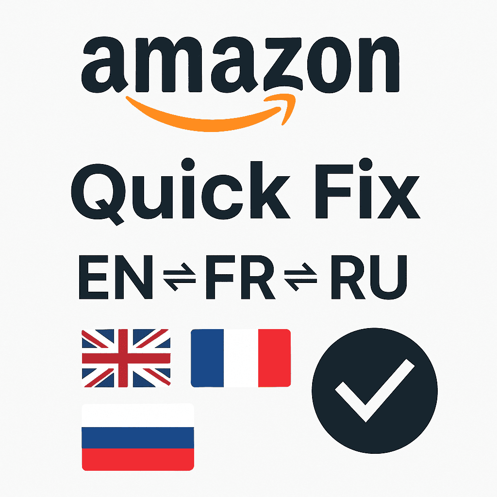 I will quickly review and suggest fixes for your Amazon product listing (EN/FR/RU)