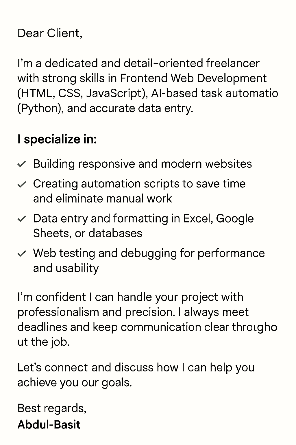 "I will build responsive websites, automate tasks with AI, and handle accurate data entry"