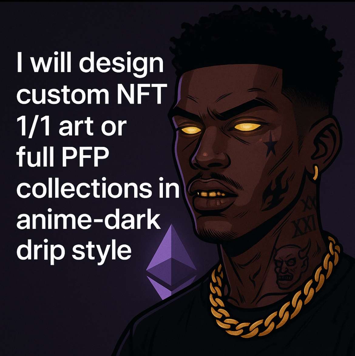 I’ll design custom NFT 1/1 art or full PFP collections in anime dark drip style