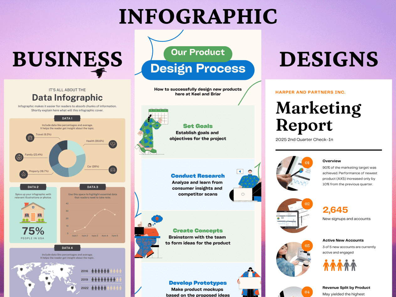 I will provide business infographic designs, flowcharts, and piecharts in Canva Pro