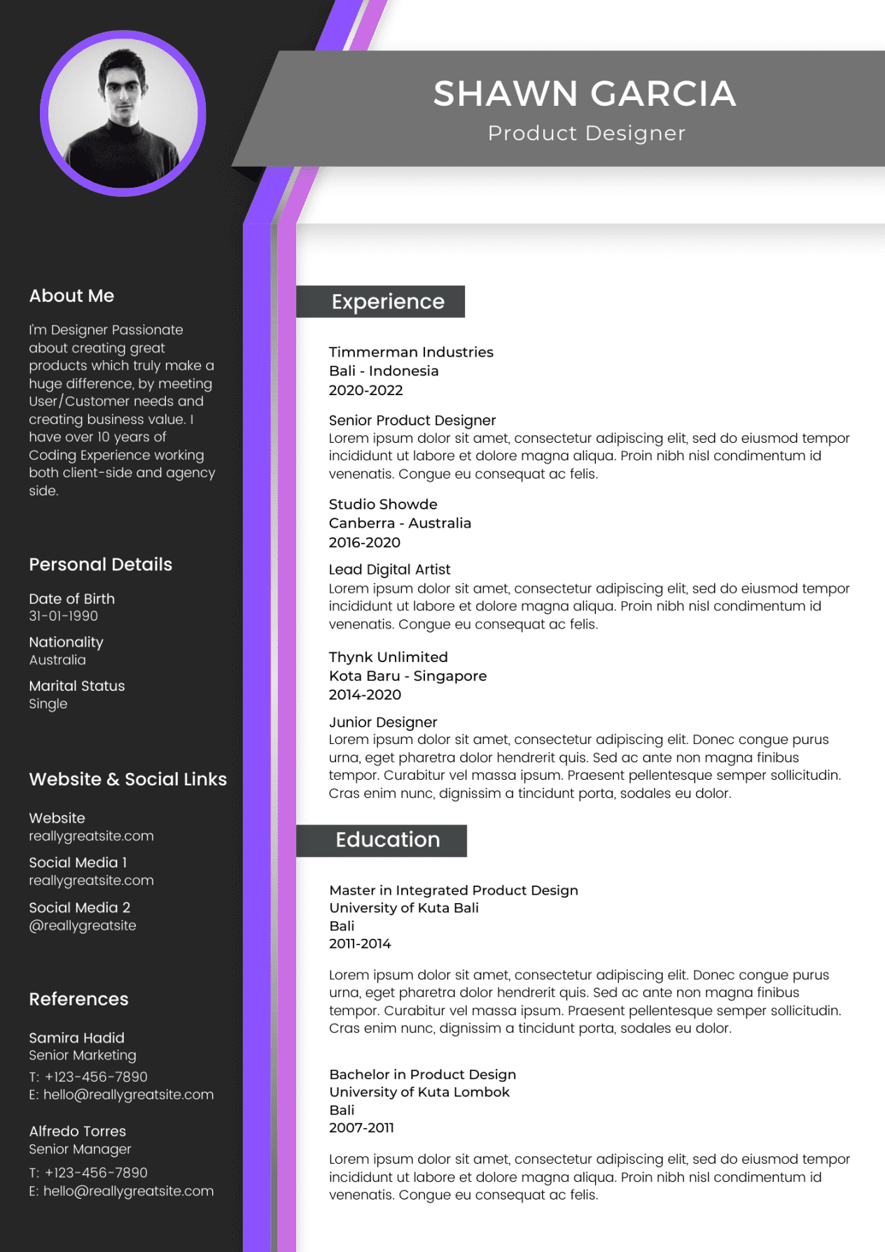 A job resume for a product designer