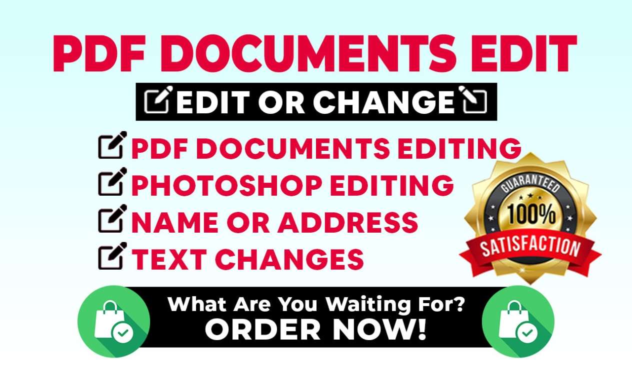 I will do PDF edit, document, photoshop editing, or text change in 1 hour