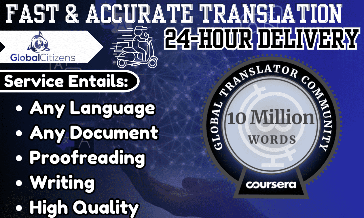 I will translate any document from English to any languages that you prefer in 24 hours.