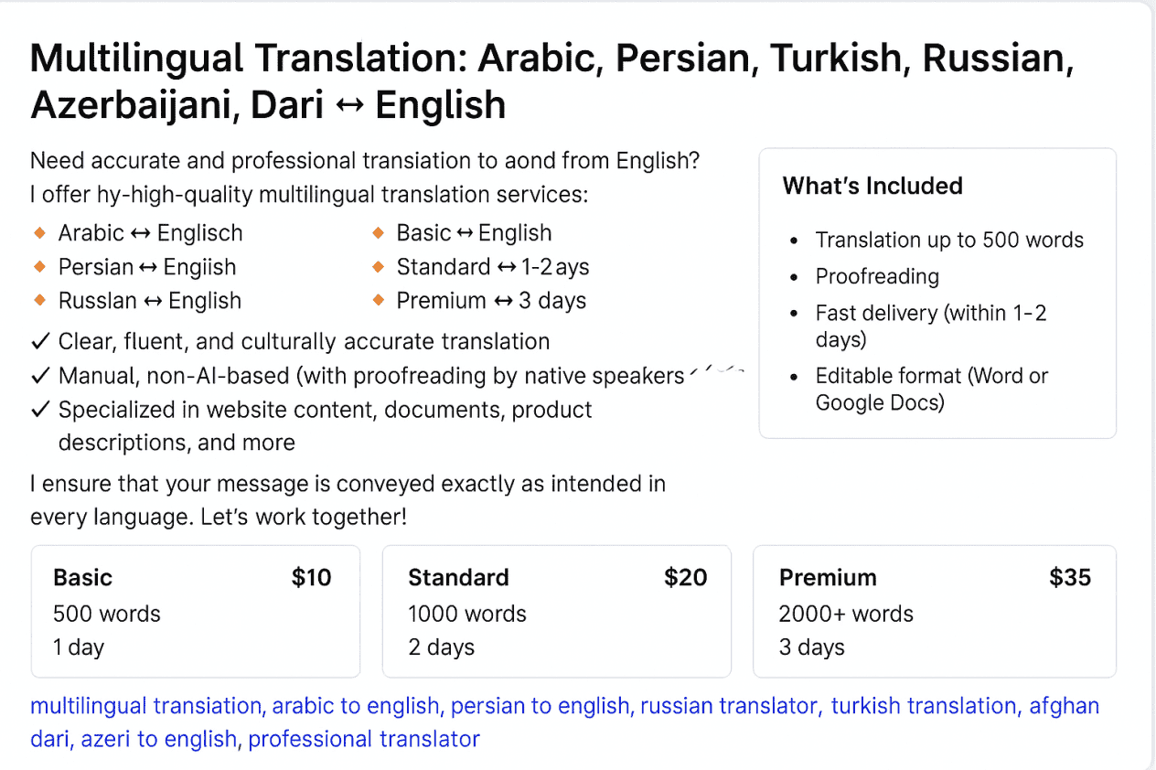 Multilingual Translation: Arabic, Persian, Turkish, Russian, Azerbaijani, Dari ↔ English