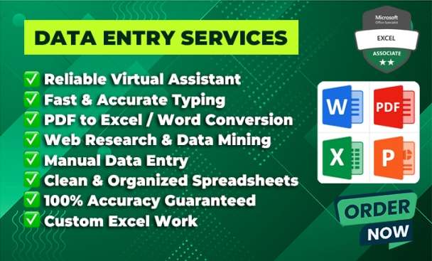 I will handle data entry, typing, and spreadsheet tasks efficiently