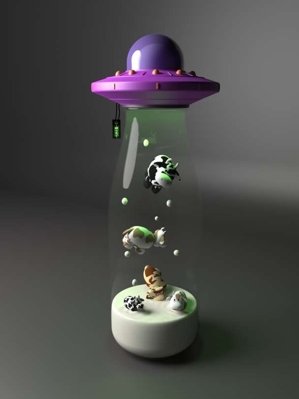Milk Bottle UFO with Floating Cows - Creative 3D Art