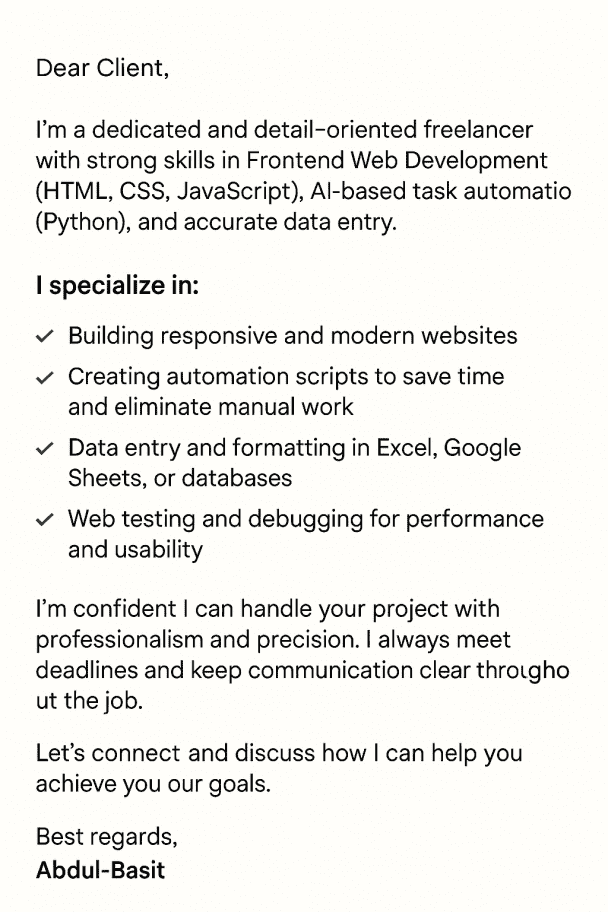 "I will build responsive websites, automate tasks with AI, and handle accurate data entry"