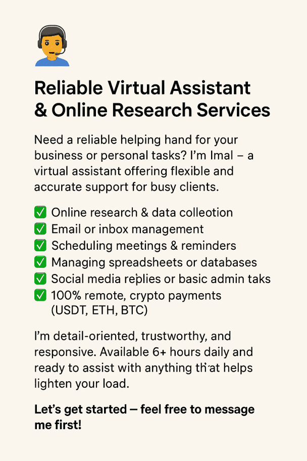 Reliable Virtual Assistant & Online Research Services – Pay in Crypto
