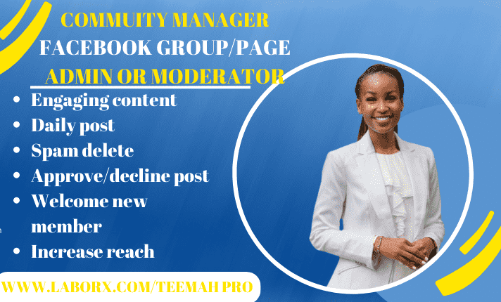 I will be your facebook page/ group moderator or admin and social media manager