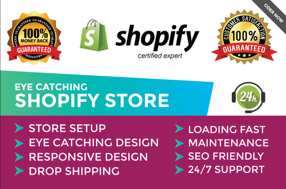 You will get an Shopify store design, Shopify marketing, Product research, Shopify SEO