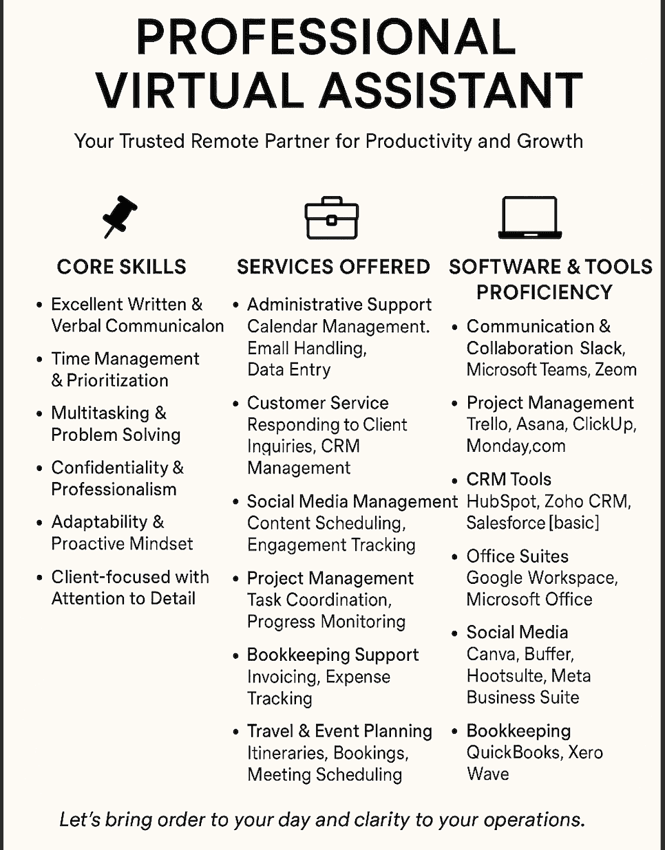 I help in general & executive Virtual assistance and bookkeeping