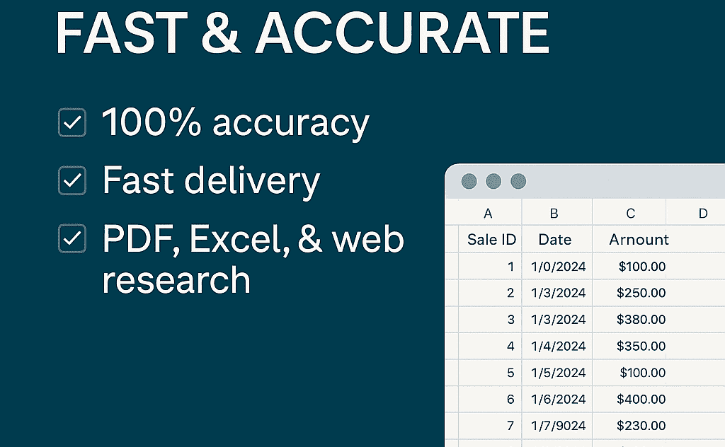 I will do accurate and fast Data Entry, Web Research, and PDF to Excel conversion