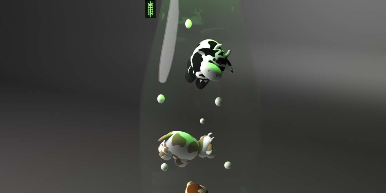 Milk Bottle UFO with Floating Cows - Creative 3D Art